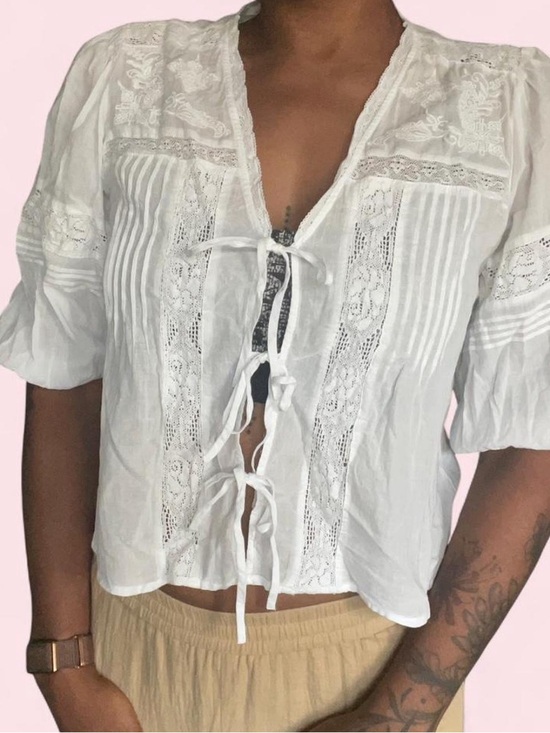 Joie Tops - Joie Boho Cottagecore Coquette White Embroidered Tie-Front Cotton Blouse Size S